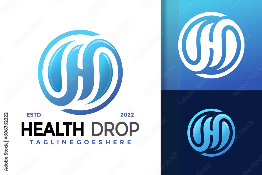 Poster vector design template in a simple modern style with a blue and white logo similar to a water drop