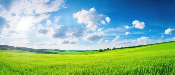 Fototapeta na wymiar Panoramic natural landscape with green grass field meadow and blue sky with clouds, bright sun and horizon line. Panorama summer spring grassland in sunny day