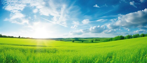 Panoramic natural landscape with green grass field meadow and blue sky with clouds, bright sun and horizon line. Panorama summer spring grassland in sunny day