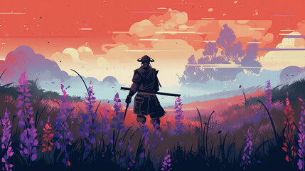 Obraz na płótnie Canvas Samurai anime in a misty field of lupines