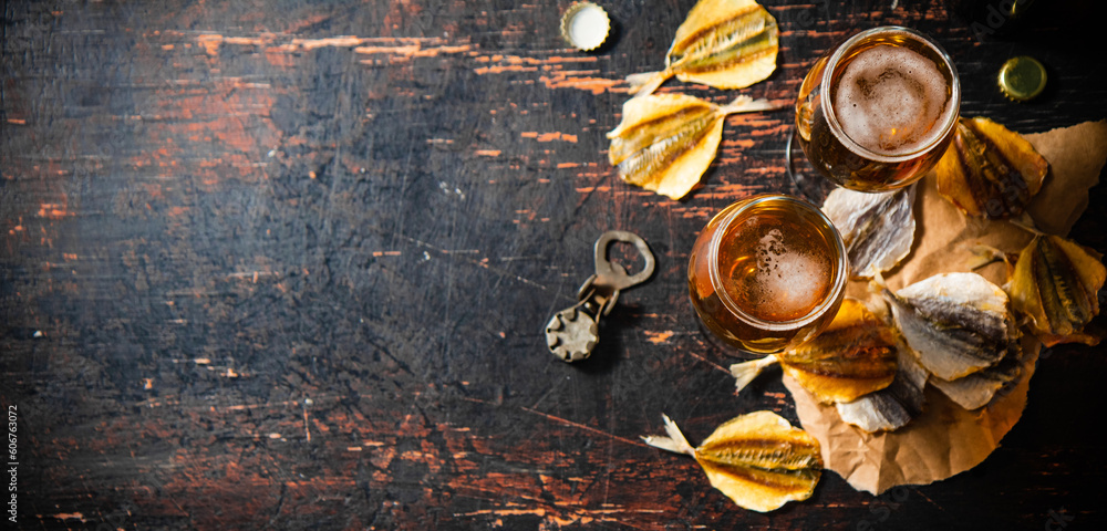 Canvas Prints Beer and dried fish.