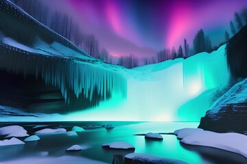 Scenic view of clear river flowing from stony cliffs at waterfall under dynamic vibrations of Aurora borealis lights - generative ai
