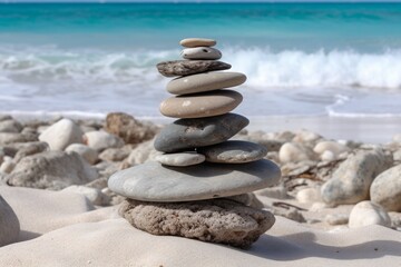 Fototapeta na wymiar Stack of stones on the beach, Generative ai