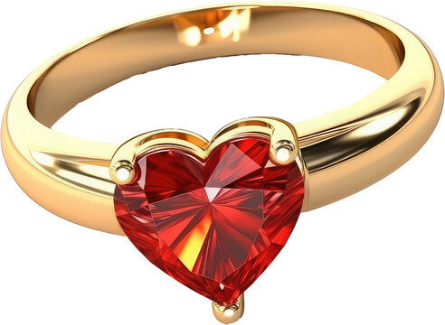 Golden heart shaped ruby engagement ring isolated on a white or transparent background as PNG, jewelry, generative AI