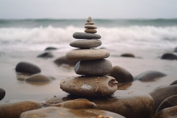 Fototapeta na wymiar Stack of stones on the beach, Generative ai