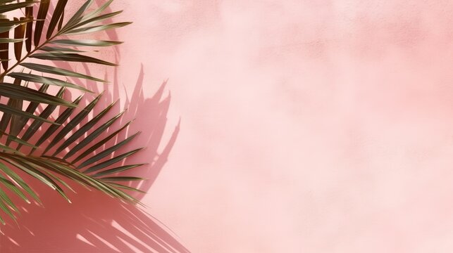Shadow, palm leaves on pink wall with a beautiful plaster texture