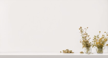 Plants with dry flowers on a table against bright white wall in the room. Mockup, generative ai - obrazy, fototapety, plakaty