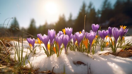 Spring landscape with first flowers purple crocuses on the snow in nature in the rays of sunlight