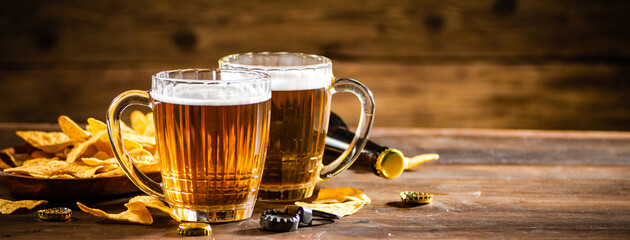 Fresh beer with corn chips.