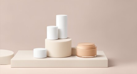 Podium for cosmetics, products, cream or perfumes on beige background. Mock up, generative ai