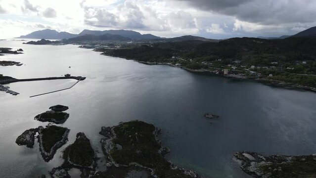 Aerial view of Heroy Bridge. Cantilever bridge connecting islands of Gurskoya and Leinoya. Norway.
