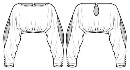 Split Long Baggy Sleeve Crop Top  Front and Back View. Fashion Illustration, Vector, CAD, Technical Drawing, Flat Drawing, Template, Mockup.