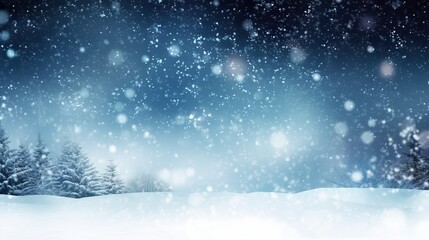 Fototapeta na wymiar Winter background sparkling falling snow against a dark blue sky and white snowdrifts