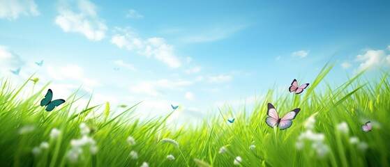 Young green juicy grass and fluttering butterflies in nature against blue spring sky with white clouds. Spring nature panorama