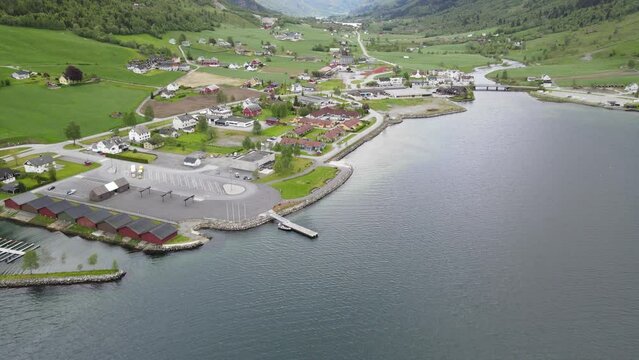 Drone view over the scenic Lovatnet lake close to the village of Loen in Norway