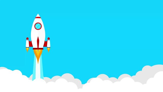 Animation of flat style rocket launch in the sky flying over clouds. Space ship in smoke clouds. Business and Start up with copy space concept template
