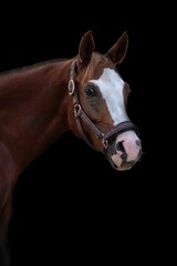 Portrait of a Mare horse head with a bridle isolated against black background, vertical shot