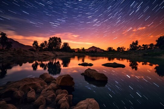 beautiful exotic landscape with starry night long exposure, ai generated image