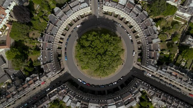 Aerial drone view of the The Circus in Bath, England, UK