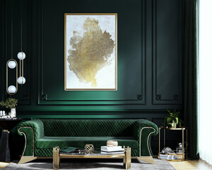 Luxury living room in house with modern interior design, green velvet sofa, center table, pouf, gold decoration, plant, lamp, carpet, mock up poster frame and elegant accessories. Template.