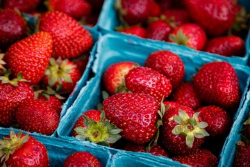 Box full of fresh strawberries at a local farmers market in Washington