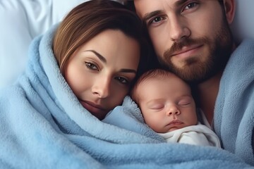 Man and woman holding adorable baby wrapped in blue blanket. Generative AI