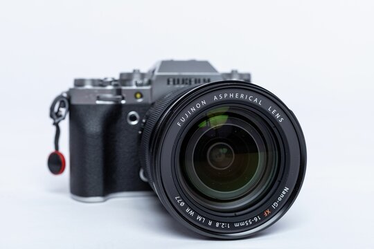 Closeup shot of a fuji film xt4 mirorles camera isolated on a white background