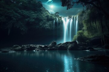 Beauty of a waterfall illuminated by the ethereal glow of the moonlight. Generative AI