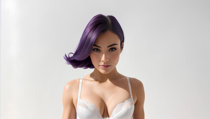 Beautiful violet haired with stylish short hairstyle. Asian woman with a straight hair. Beautiful young woman with natural makeup portrait. Generative AI