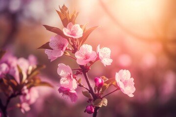 Obraz premium Spring border or background art with pink blossom, Generative ai