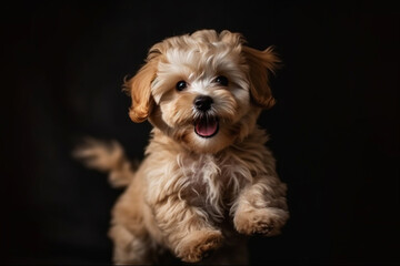 Maltipu puppy - red poodle and Maltese mix - happy jumping at studio