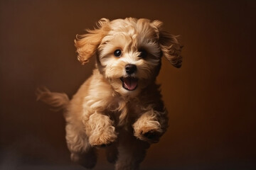 Maltipu puppy - red poodle and Maltese mix - happy jumping at studio, AI generated