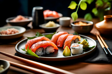 Cocina japonesa. Plato de sushi en restaurante asiático con mesa de madera y palillos.