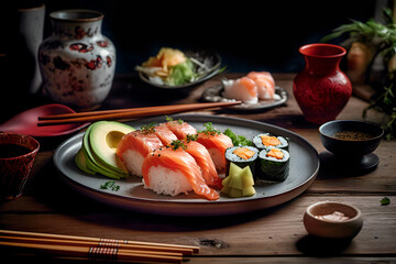 Cocina japonesa. Plato de sushi en restaurante asiático con mesa de madera y palillos.