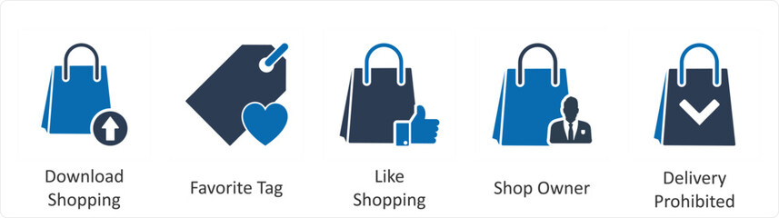 A set of 5 Business icon as download shopping, favorite tag, like shopping 