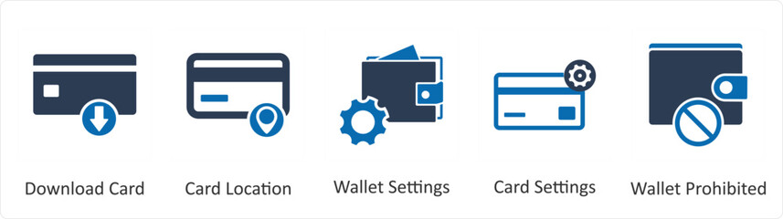 A set of 5 Business icon as download card, card location, wallet settings 