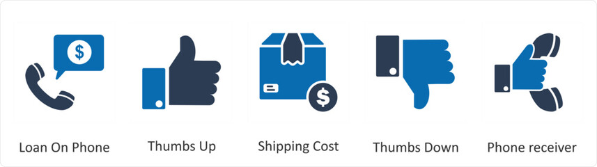 A set of 5 Business icon as loan on phone, thumbs up, shipping cost © popcornarts