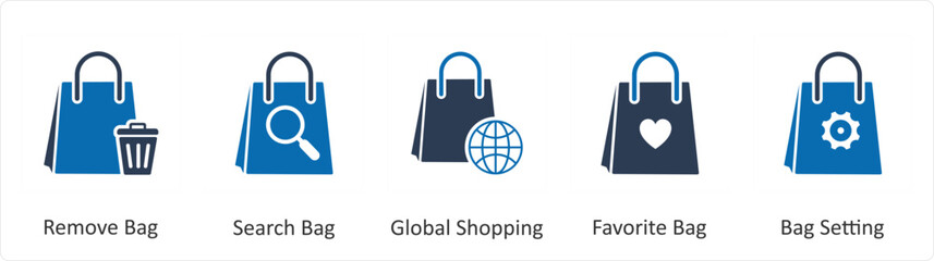 A set of 5 Business icons as remove bag, search bag, global shopping