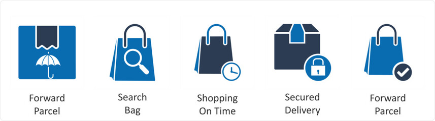 A set of 5 Business icons as forward parcel, search bag, shopping on time