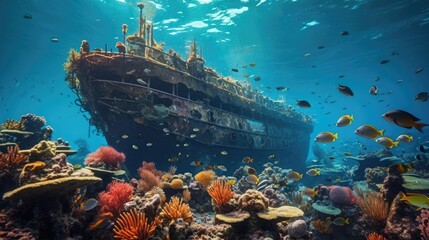Coral Haven, Sunken Ship Home for Fishes - obrazy, fototapety, plakaty