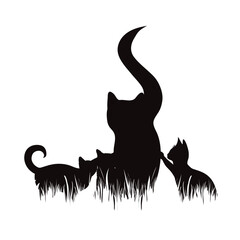 Vector silhouette of family of cats in grass in park.