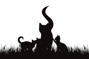 Vector silhouette of family of cats in grass in park.