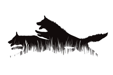 Vector silhouette of dogs running in the grass in park.