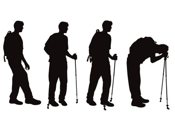 Set of vector silhouette of man with nordic walking sticks on white background.