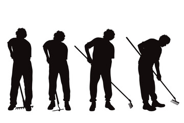 Set of vector silhouette of men with gardens tools on white background. - obrazy, fototapety, plakaty