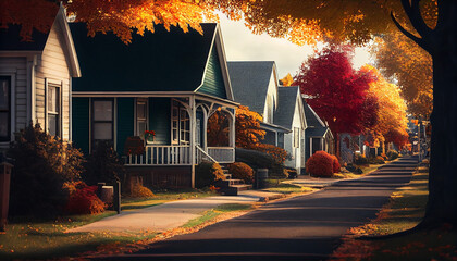 Cottage-lined street in the suburbs on an autumn afternoon. Created with Generative AI technology