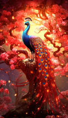 Obraz premium a painting of a peacock sitting on a tree branch, magical fairy forest in red. Generative AI