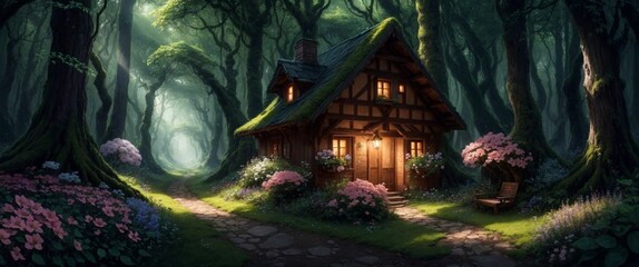 Landscape of a beautiful wooden house deep in the fairytale enchanted forest with big trees and lush vegetation, on a calm spring day - Generative AI Illustration