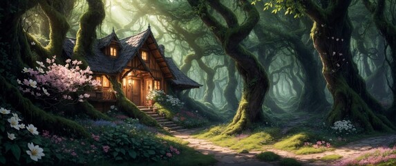 Landscape of a beautiful wooden house deep in the fairytale enchanted forest with big trees and lush vegetation, on a calm spring day - Generative AI Illustration