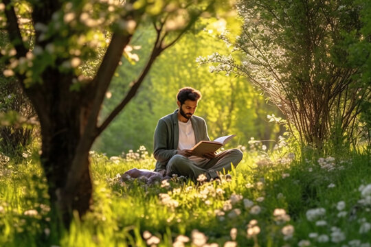 A man sitting on a blanket under a tree. He holds a book in his hands and enjoys reading. Generative AI